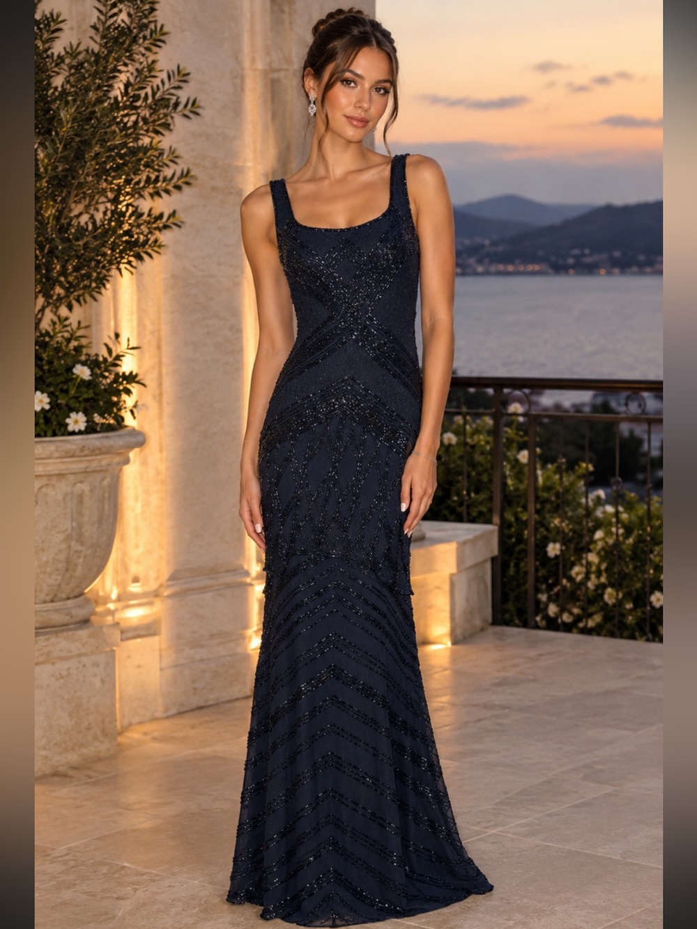 Theia beaded sleeveless one layer above the knee long gown